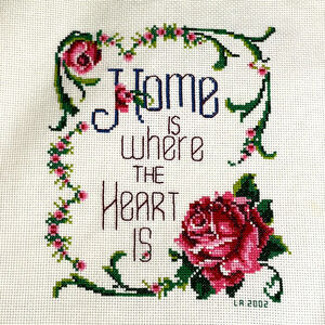 Completed Vintage Cross Stitch Sample Home Is Where The Heart Is Roses 2002